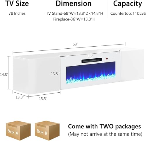 Image of AMERLIFE Floating TV Stand with 36 inch Electric Fireplace, High Gloss Finish Wall Mounted Fireplace Entertainment Center with Storage for TVs Up to 78 inch, All White
