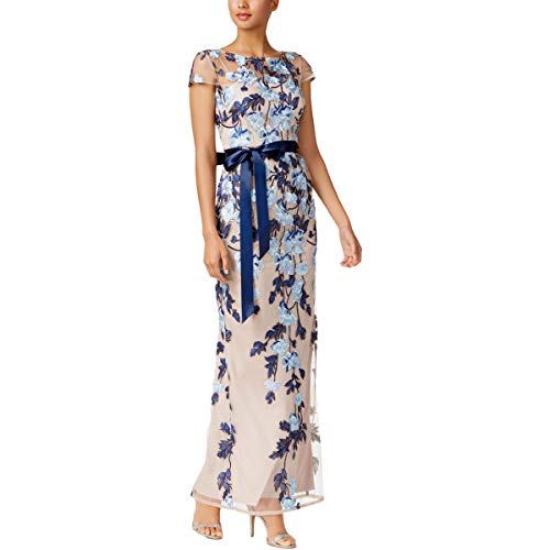 Adrianna Papell Women's Cascading Floral Column Gown | Floor Length Elegant Evening Gown with Satin Ribbon Tie & Cap Sleeves, Midnight Multi/Nude, 8