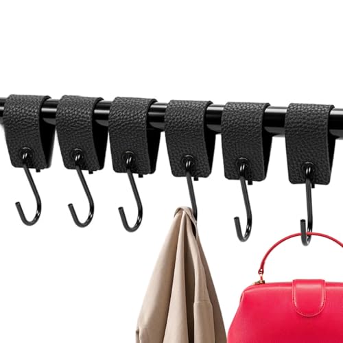 Lyivisk 6 ganchos en S negros con correa de cuero, ganchos multiusos con correa de piel, ganchos de metal para barra de ropa, barra de ropa, cocina, baño