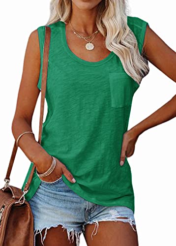 Yexipo Womens Scoop Neck Tank Tops Sleeveless Summer Casual Loose Fit Blouses Shirts Tank Top With Pocket Green #TOP2