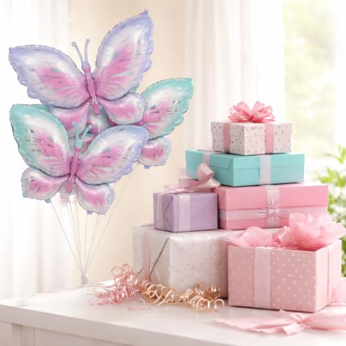 Image of Wanna Party Butterfly Balloons - 4 PCS Pink Purple & Blue Mylar Foil Balloons for Girls Women's Butterfly Theme Party Wedding Birthday Baby Shower Decoration