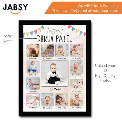 Image of 12 months baby photo frame | 01st Birthday Photo Frame | One Year of Birthday Photo Frame | Personalized 12 Images With Texts | Best Gift (BABY 12 MONTH)
