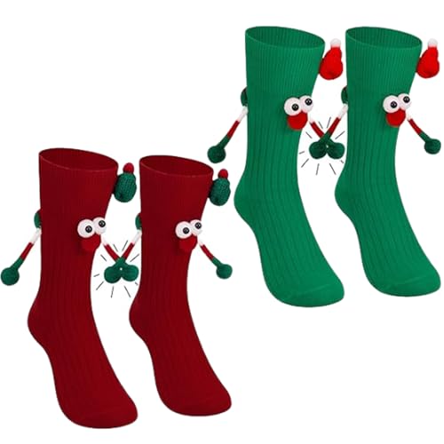 PWCTNT Weihnachtssocken, Lustige Socken, 2 Paar 3d Socken mit Spruch, Unisex Weihnachtssocken mit Magnetarmen, Lustige Hand In Hand Freundschaftssocken Weihnachten für Damen und Herren (Rot + Grün)