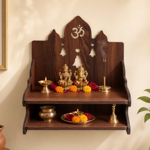 Image of The Castle Decor Wooden Mandir for Home, Wall Hanging & Tabletop Pooja Temple with 2-Tier Storage Shelf, Om & Bell Cutwork, MDF Mandir for Pooja Room, Office & Hostel, 11 x 11 x 10 Inch (Design-4)