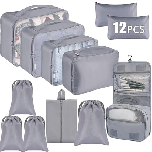 Dazhtu 12 Piezas Organizador Maleta, Bolsas Organizadoras Maleta, Packing Cubes Bolsas Ropa Viaje, Impermeable Organizadores para Maletas con bolsa de cosméticos, Organizadoras Viaje para Mochila