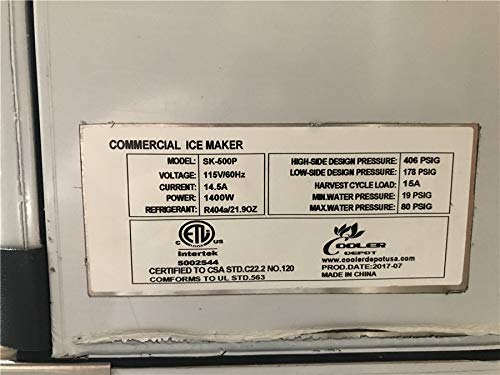 Product label for Cooler Depot Commercial Ice Maker SK-500P