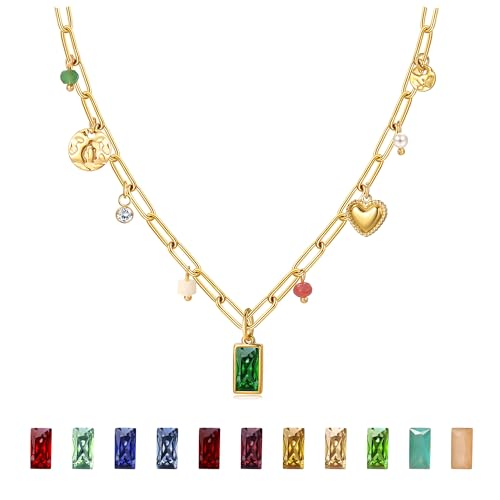 Sundurich Gold Necklace for Women Dainty 14K Gold Plated May Birthstone Necklace Green Blue Pendant Charm Necklaces Birthday Gifts Waterproof Jewelry