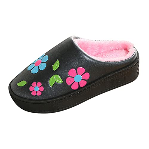 Woaikeyu Zapatillas Mujer Invierno Caliente Algodón Zapatillas Invierno Suela Gruesa Impreso Floral Algodón Zapatillas Calientes Zapatillas De Casa Casual Zapatos Casero (Negro, 34-35)