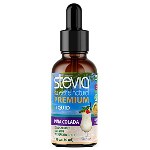 Pina Colada Premium Stevia Drops. Organic Liquid Stevia, Best Sugar Substitute, 100% Pure Extract, Natural Sweet, Great-Tasting, Non-Bitter, 0 Calorie, O Carb, NON-GMO, Diabetic & Keto Friendly (1oz)