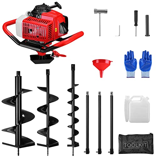 Telam 72Cc Auger Post Hole Digger,2-Stroke Single-Cylinder Air-Cooled Gasoline Engine With 3 Auger Bits (4" & 8" & 12")，3 24" Extension Rods, Suitable For Farm Garden Plants #TOP23