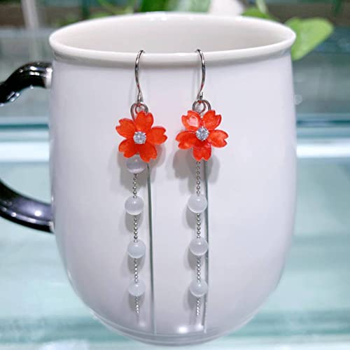 Boucles d'oreilles à fleurs rouges et tassel argent 925 style coréen