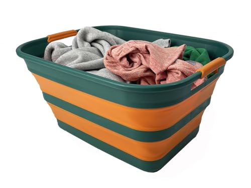 Image of SAMMART Collapsible Plastic Laundry Basket with Handle /Foldable Pop Up Storage Hamper /Portable Laundry Organizer-Space Saving Washing Tub /Household Storage (Teal Green /Autumn leaf, 27L)