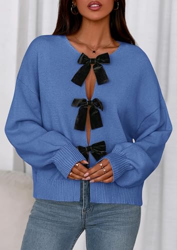 PRETTYGARDEN Cardigan Sweaters for Women Fall Fashion 2026 Bow Tie Front Long Sleeve Knit Sweater Tops Cute Winter Clothes (Blue,XX-Large) — view 3