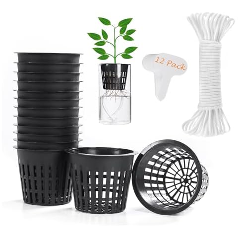 ORIMERC 12 Pack 3 inch Net Cup Pots with 12 feet Hydroponic Self Watering Wick & 12 Plant Labels Aquaponics Mason Jar Bucket Insert Orchid kratky Vegetable Gardening Growing Netted Basket Slotted Mesh Cover
