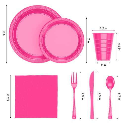 Image of Exquisite 350 Pcs Hot Pink Plates and Napkins Party Supplies Plate Sets | Sturdy Plastic Dinnerware Set With 9 inch & 7 inch Plates, 12 Oz Cups, Lunch Napkins and Cutlery Serves 50 for Birthdays & Everyday