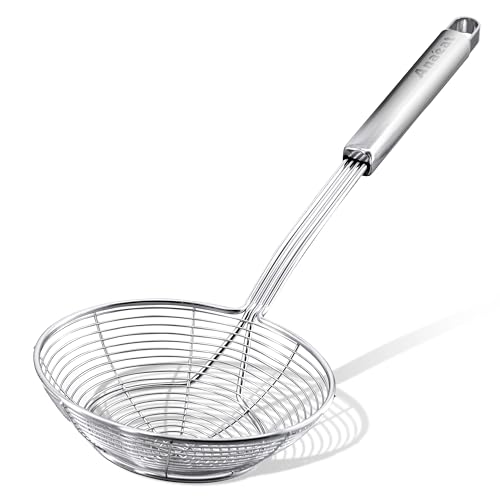Anaeat Stainless Steel Spider Strainer Skimmer – Solid Kitchen Strainer Ladle with Long Handle for Cooking and Frying, Reinforced Double Coil Slotted Spoons for Pasta, Noodle, Spaghetti (7 Inch)