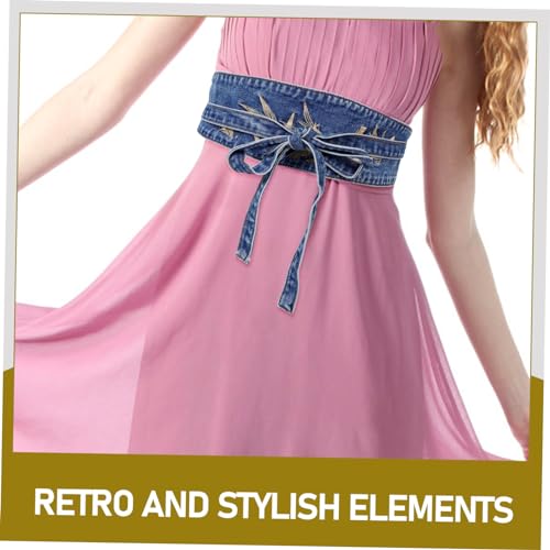 Retro Denim Belt for Women with Embroidered Leaf Decoration Wide Corset Cinch Waistband for Dresses and Comfortable Dress Accessory2