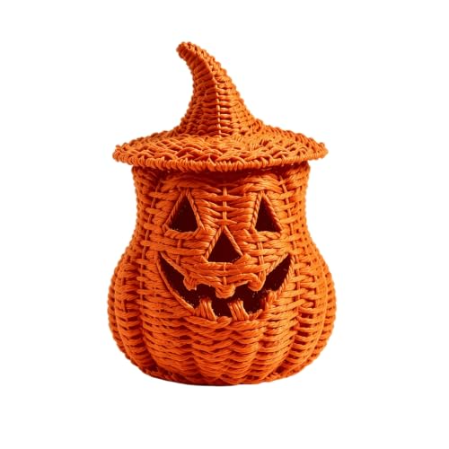 Wicker Pumpkin Lamp Halloween Decorations Rattan Lantern Pumpkin Candle Holder with Witch Hat Shape Lid