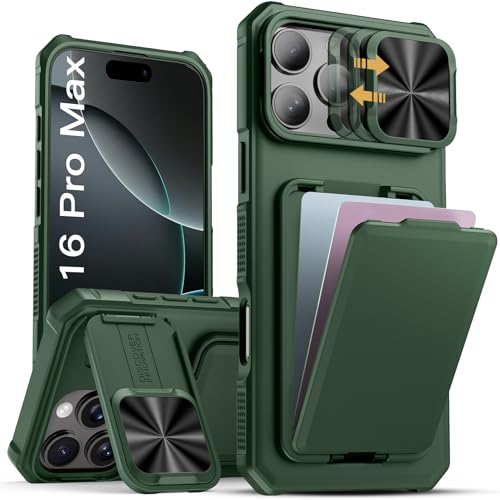 SSLOTSCASE for iPhone 16 Pro Max Case with Card Holder & Camera Cover Stand & Slide Lens Cover, Multifunctional Rugged Wallet Phone Case Cover for iPhone 16 Pro Max 6.9'', Green