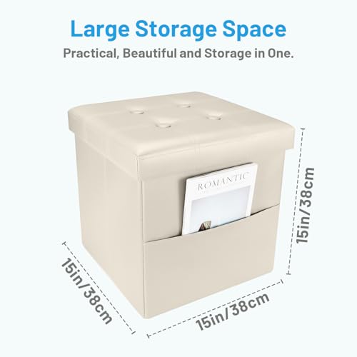 Image of Bsketa Storage Ottoman Bench,15 Inch Folding Leather Foot Rest Stool, Beige | Small Ottoman with Side Pockets, Thicker Foam Padded Seat, Livingroom, Dorm, Bedroom, Easy to install, 30L,15x15x15in