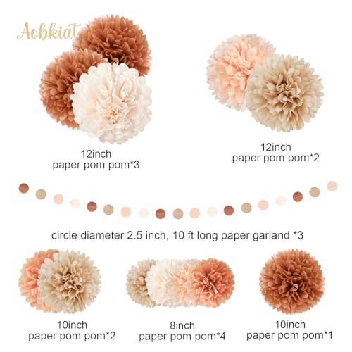 Image of AOBKIAT Fall Wedding Baby Shower Decorations Boho Style,15PCS | for Birthday Hanging Backdrop,Retro Bridal Shower,Halloween,Thanksgiving,with Brown Orange Peach Paper Pom Poms,Party Garland