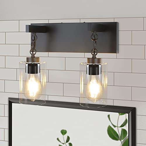 Crisand 2-Lights Bathroom Wall Sconce - Black Industrial Bathroom Lighting With Clear Glass Shade Light Fixtures For Bathroom Above Mirror - E26 Base #TOP2