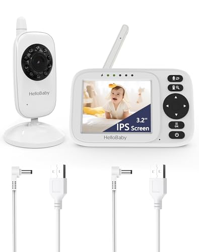 HelloBaby Monitor No WiFi Video Baby Monitor with Camera and Audio - 3.2' Screen, 2-Way Talk, Night Vision, 8 Lullabies,Temperature, Manual Baby Camera Adjustment,1000ft,ECO,USB Cable | HB2438 Upgrade