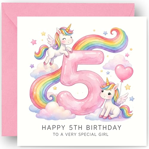 5th Birthday Card for Girls - Five Today 5 Years Old Rainbow Unicorns Design - Happy Fifth Birthday Card for Granddaughter Niece Daughter - Includes Pink Envelope 14cm