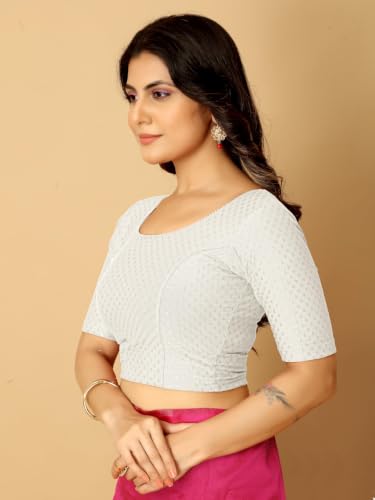 Image of Amazon Brand - Anarva Round Neck Dobby Cotton Lycra Stretchable Elbow Half Sleeve Readymade Saree Blouse for Women Stylish