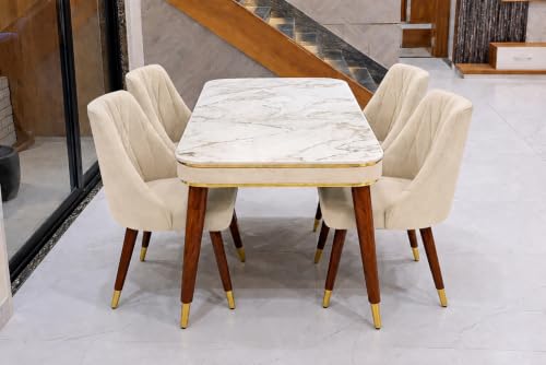 Image of WOODEN SPACE 4 Seater Wooden Dining Table Set | Urban Marble Top Dining Table with Chairs for Dining Room & Kitchen (Modern Frontline Beige) (54 x 36 x 30 inch)