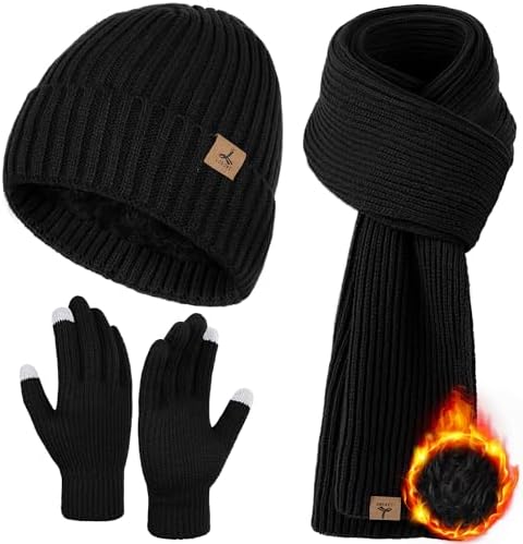 LOROME Winter Hat Scarf Gloves Set, Knitted Ribbed Beanie Winter Gift Men
