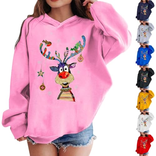 Lustige Weihnachtspullover mit Kapuze Mädchen Weihnachts Hoodie Weihnachten Rentier Kapuzenpullover Christmas Sweatshirt Xmas Pullover Langarm...