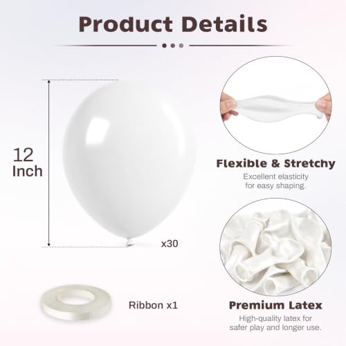 Image of White Balloons, 12 Inch Wedding Latex Party Balloons | 30 Pack Matte White Helium Balloon for Engagement, Bridal Shower, Baby Shower, Birthday, Christmas