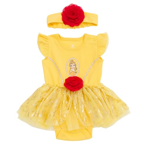 Disney Princess Belle Infant Baby Girls Cosplay Bodysuit With Skirt Overlay & Headband Outfit Set Yellow/Red 12 Months
