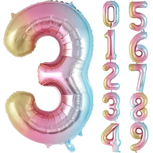Image of Rozi Decoration Big Size 32 Inch Large Rainbow Theme 3 Number Foil Balloons Decorations Set of - 1 Pcs | Gradient 3 Number Balloon For Birthday Big Size