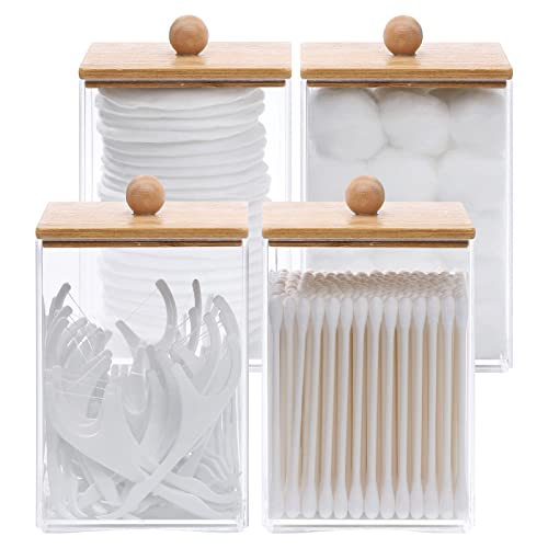 Tbestmax 12 Oz Cotton Swab/Ball/Pad Holder, Qtip Apothecary Jar, Clear Bathroom Containers Dispenser For Storage 4 Pack Wood Lids #TOP23