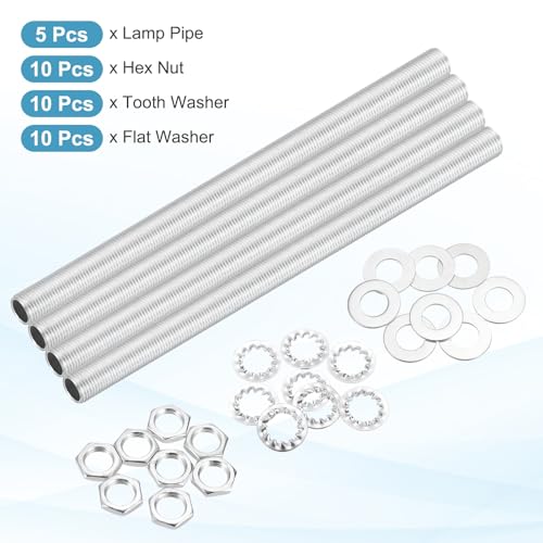 Image of MECCANIXITY 35Pcs 7.9 inch Lamp Pipe Nipples Kit with Hex Nuts Washers, M10 Fine Threaded Hollow Tube Repair Hardware Fasteners Assortment for Assembly Chandelier Ceiling Lamp DIY, Silver