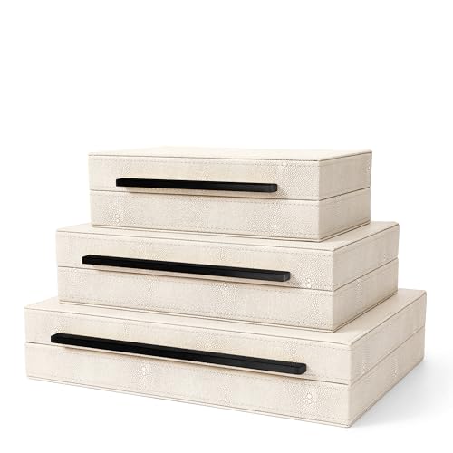 Sagala Set of 3 Ivory Shagreen Decorative Boxes With Black Metal Handles, Faux Leather Jewelry Boxes Modern Storages Photo Memory Boxes Home Organizer Boxes (Ivory-Black, 3pack)