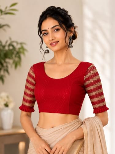 Image of SFT Round Neck Cotton Lycra Stretchable Laced Elbow Sleeves Readymade Saree Blouse for Women Stylish (Shibani