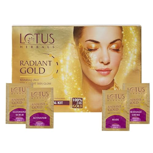 Lotus Herbals Radiant Gold Facial Kit For Instant Glow With 24K Pure Gold & Papaya,4 Easy Steps (Single Use)