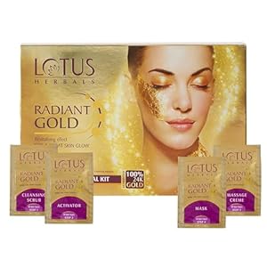 Lotus Herbals Radiant Gold Facial Kit For Instant Glow With 24K Pure Gold & Papaya,4 Easy Steps (Single Use)