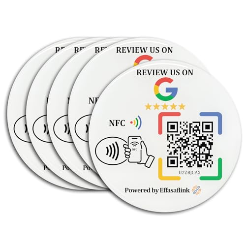 Epoxy Sticky Card with NFC Chip & QR Code - Compatible with Google Business Page for Customer Reviews, Boost Business Reviews, Essential for Small Businesses, No App, No Monthly Fee (White-5 Cards)
