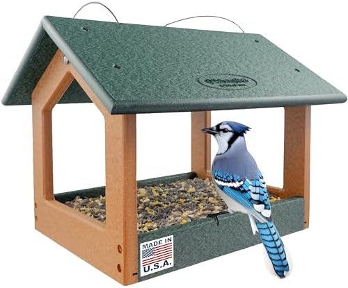 Covered platform bird feeder: Which five will transform your backyard? 8 DutchCrafters Amish USA Made Recycled Plastic Large Hanging Modern Fly Through Covered Roof Open Platform Tray Bird Feeder for Outdoors, Garden, Yard (Turf Green & Bright Cedar)