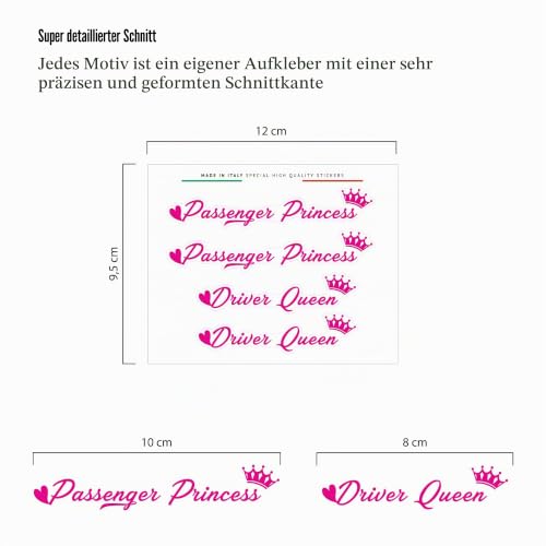 4R Quattroerre.it Aufkleber Passenger Princess & Driver Queen, Set mit 4 dekorativen Aufklebern, ideal für Rückspiegel Helm PC, Made in Italy, 12 x 9,5 cm (Fuchsia)