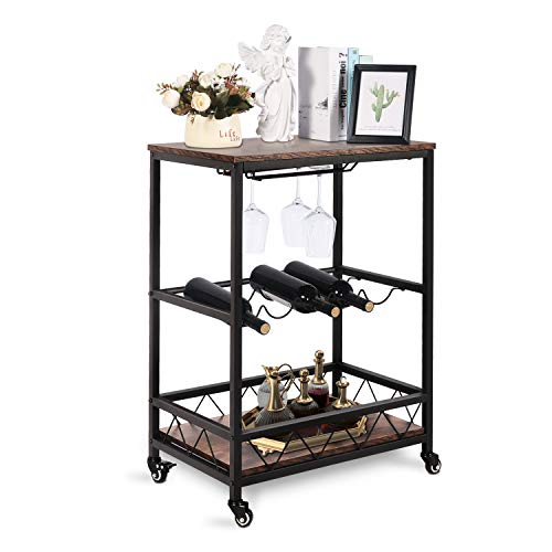 Bar Carts for the home Kitchen Rustic Brown Bar & Serving Carts Industrial Wine Cart with Wine Rack, Glass Holder, Hooks