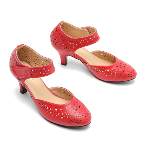 Image of Women's Comfortable Mary Jane Pumps Vintage Cutout Closed Toe Kitten Heels for Dressy Office Work