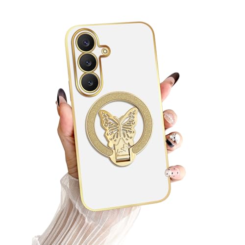 Coque antichoc Samsung S26 avec béquille intégrée et motif papillon blanc élégant