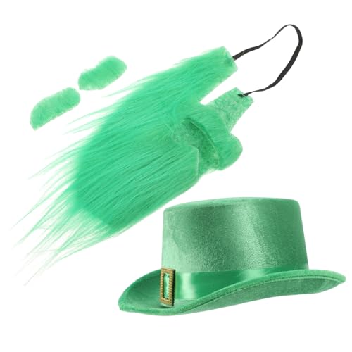Cabilock Shamrock Hat Set Leprechaun Costume Accessories Green Topper Hat with Beard and Eyebrows for Patrick's Day
