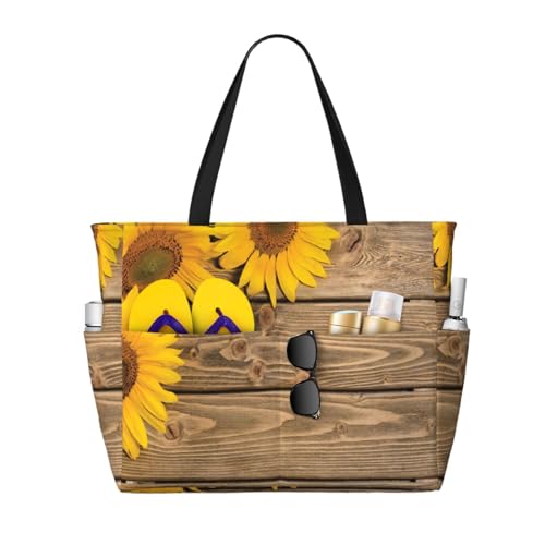 Grand sac de plage tournesols cabas épaule femme en bois