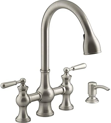 Kohler Capilano 2-Handle Bridge Farmhouse Pull-Down Kitchen Faucet with Soap Dispenser and Sweep Spray in Vibrant Stainless